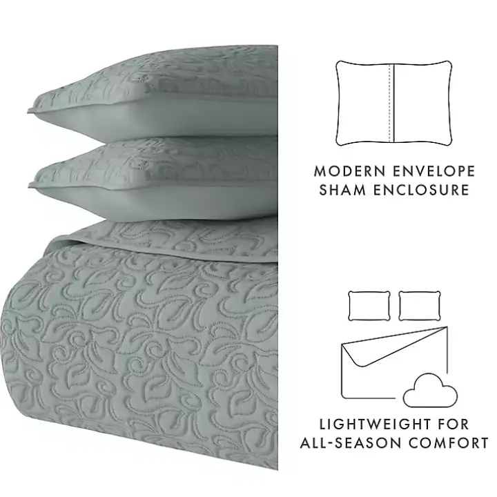 Green Stitched Floral 3-pc. Queen Quilt Set