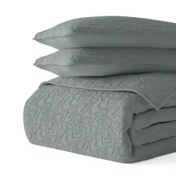 Green Stitched Floral 3-pc. King Quilt Set