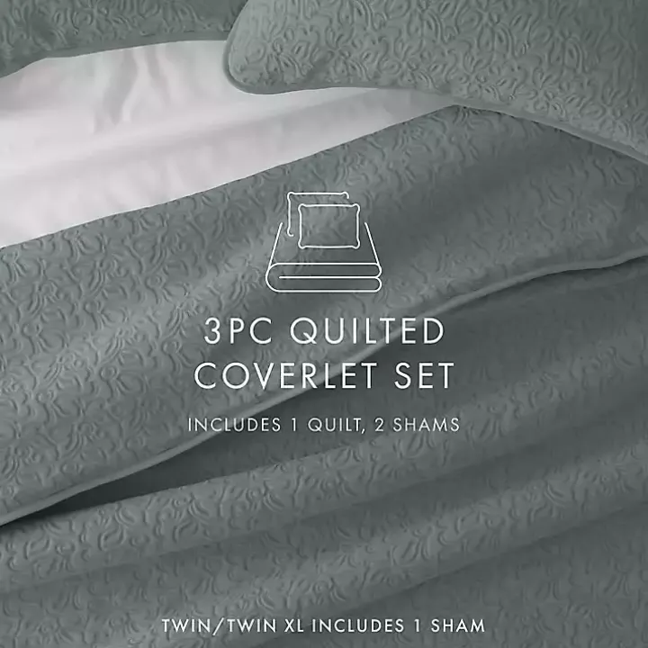Green Stitched Floral 3-pc. King Quilt Set