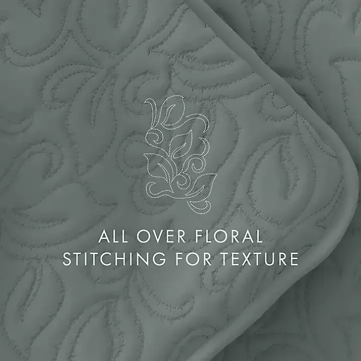 Green Stitched Floral 3-pc. King Quilt Set