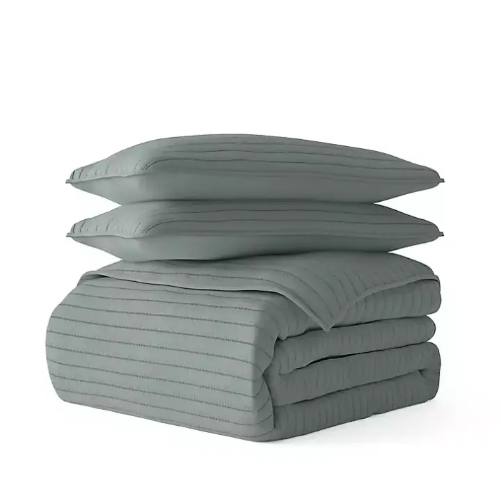 Green Stitched Stripes 3-pc. Queen Quilt Set