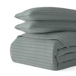 Green Stitched Stripes 3-pc. Queen Quilt Set