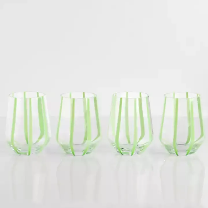 Green Striped Stemless Wine Glasses, Set of 4