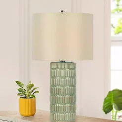 Green Textured Column Table Lamps, Set of 2
