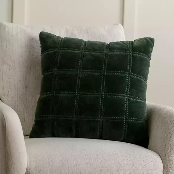 Green Velvet Quilted Pillow, 22 in.