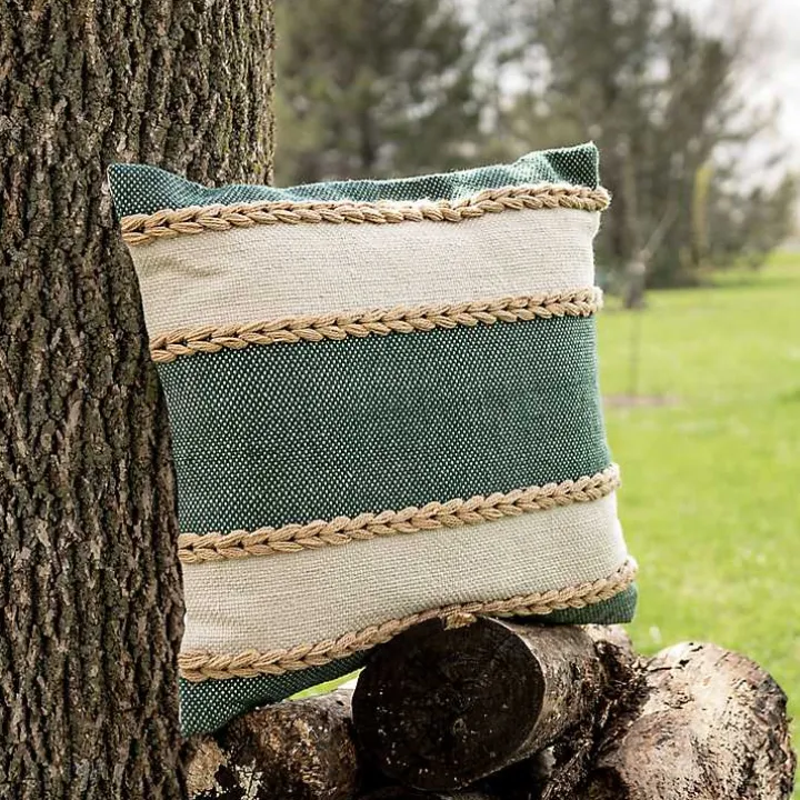 Green Woven Wide Stripe Indoor/Outdoor Pillow