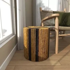 Handmade Round Banana Leaf Striped Accent Table