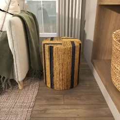Handmade Round Banana Leaf Striped Accent Table