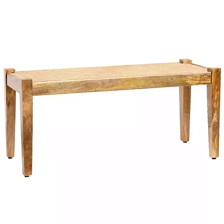 Handwoven Rattan Cane and Mango Wood Bench