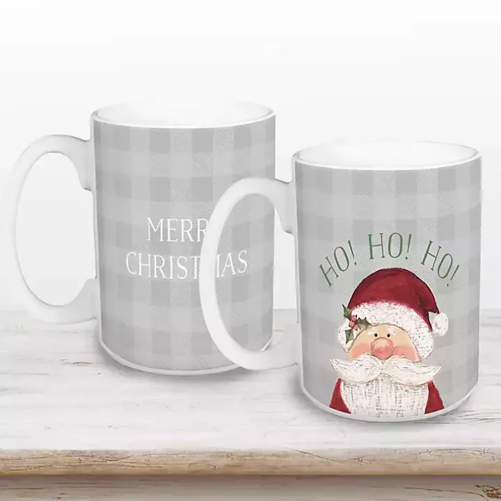 Ho Ho Ho Santa Checkered Christmas Mugs, Set of 2
