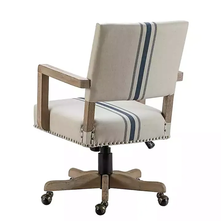 Ivory and Blue Stripe Natural Wood Office Chair