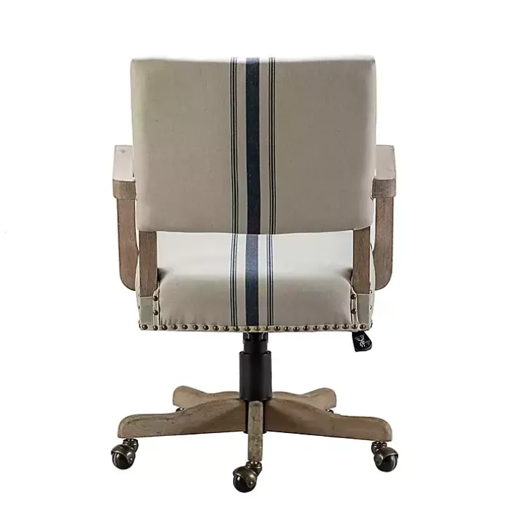 Ivory and Blue Stripe Natural Wood Office Chair