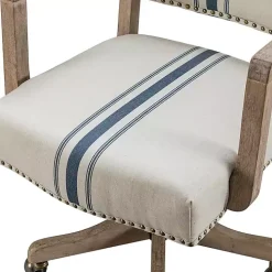 Ivory and Blue Stripe Natural Wood Office Chair
