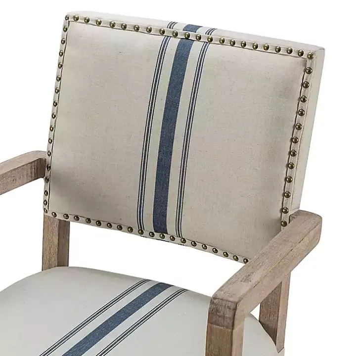 Ivory and Blue Stripe Natural Wood Office Chair