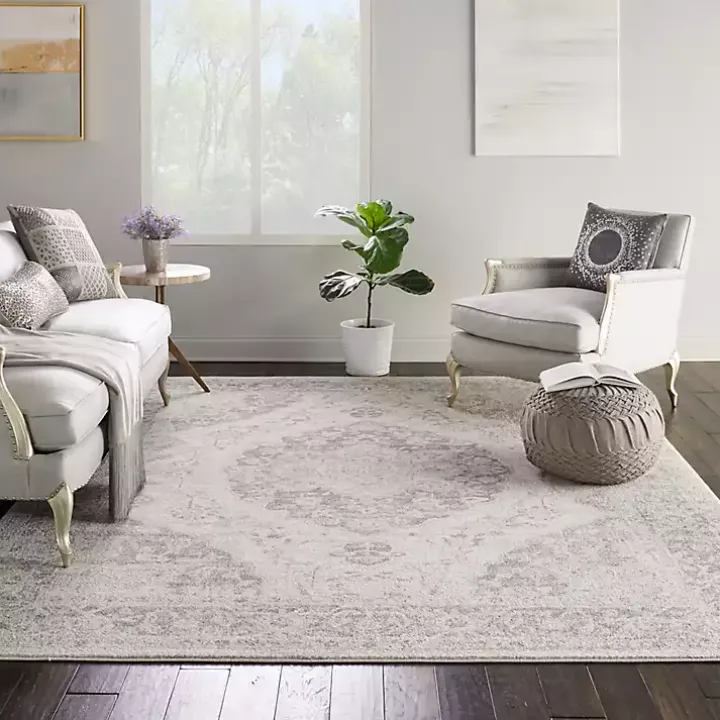 Ivory and Gray Oushak Medallion Area Rug, 8x10