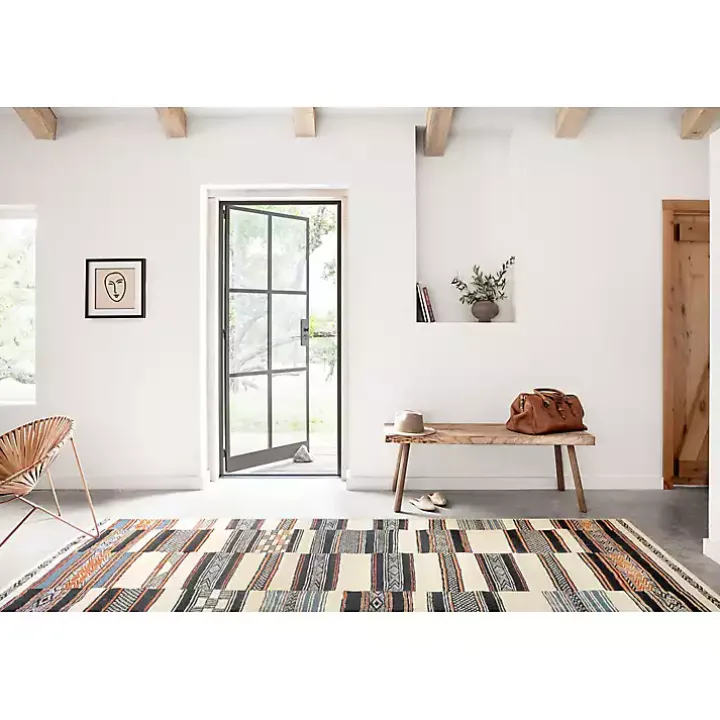 Ivory and Multicolored Tribal Outdoor Rug, 7x11