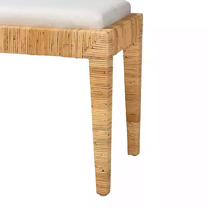 Ivory and Natural Woven Rattan Bench