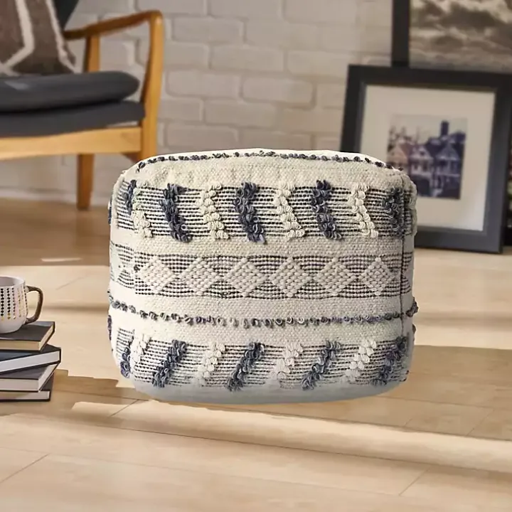 Ivory and Navy Textured Stripe Pouf