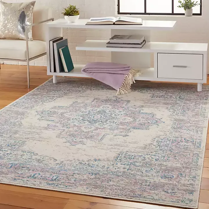 Ivory and Pink Central Medallion Area Rug, 5x7