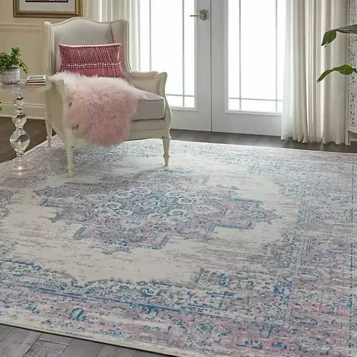 Ivory and Pink Central Medallion Area Rug, 7x9