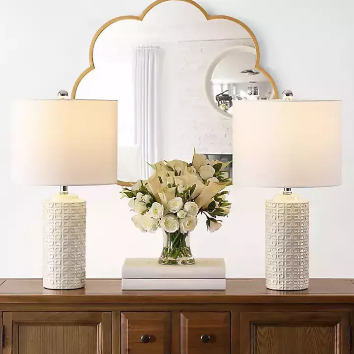 Ivory Ceramic Motif Table Lamps, Set of 2