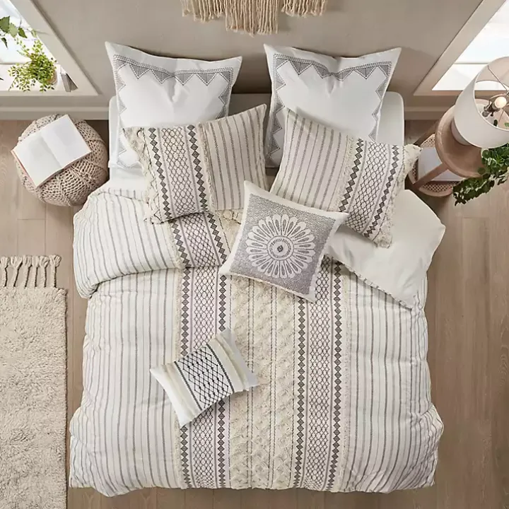 Ivory Cotton Embroidered Tassel Accent Pillow