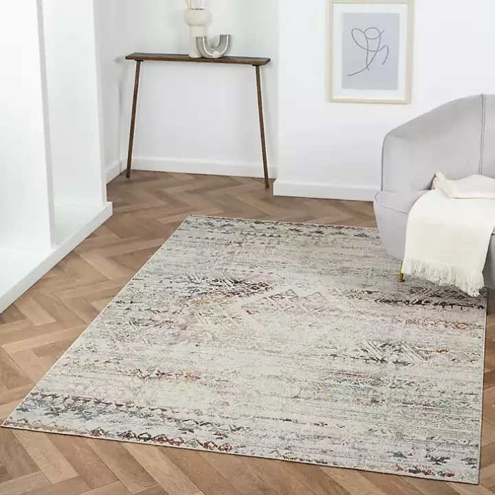 Ivory Distressed Medallion Washable Area Rug, 7x9