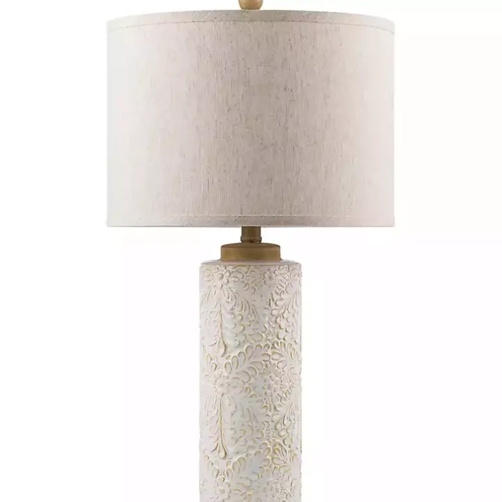 Ivory Embossed Floral Cylinder Table Lamp