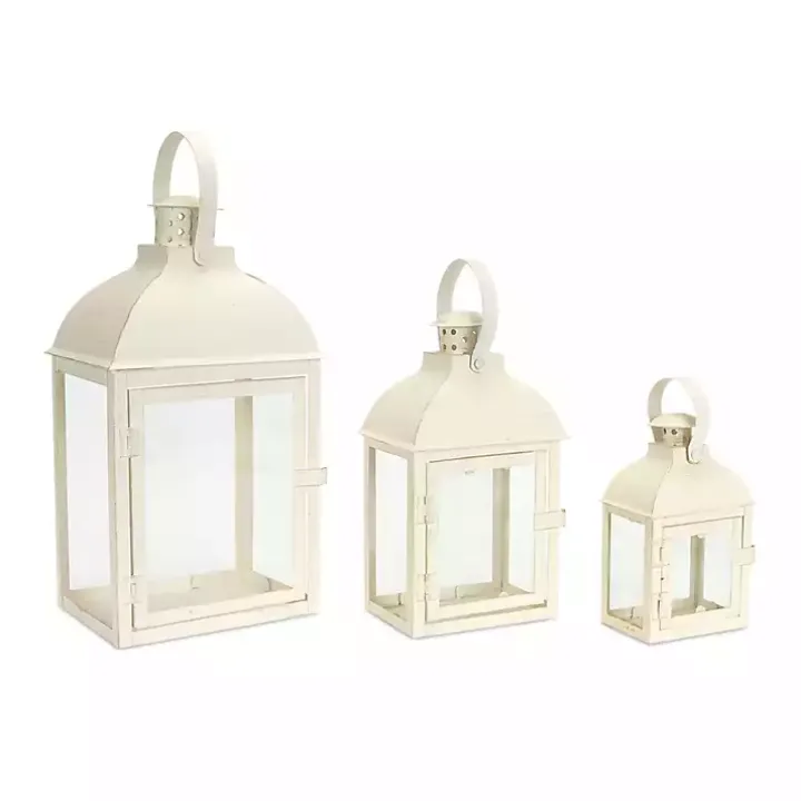 Ivory Metal Slope Top Lanterns, Set of 3