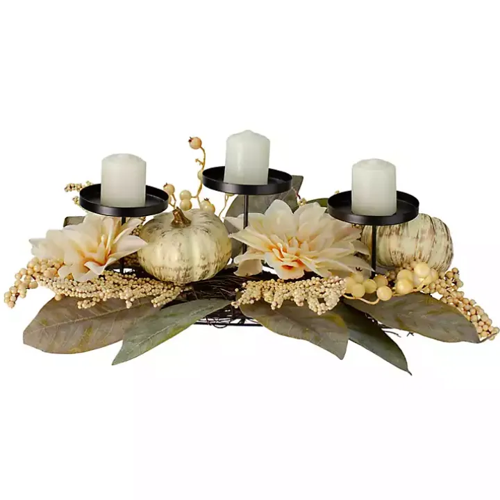 Ivory Pumpkin and Dahlia Candle Centerpiece