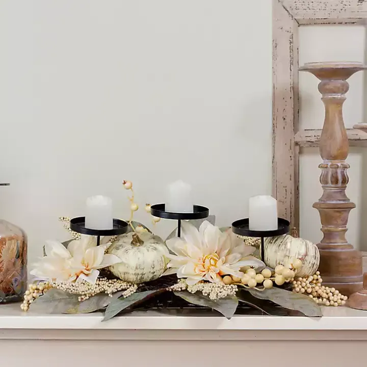 Ivory Pumpkin and Dahlia Candle Centerpiece