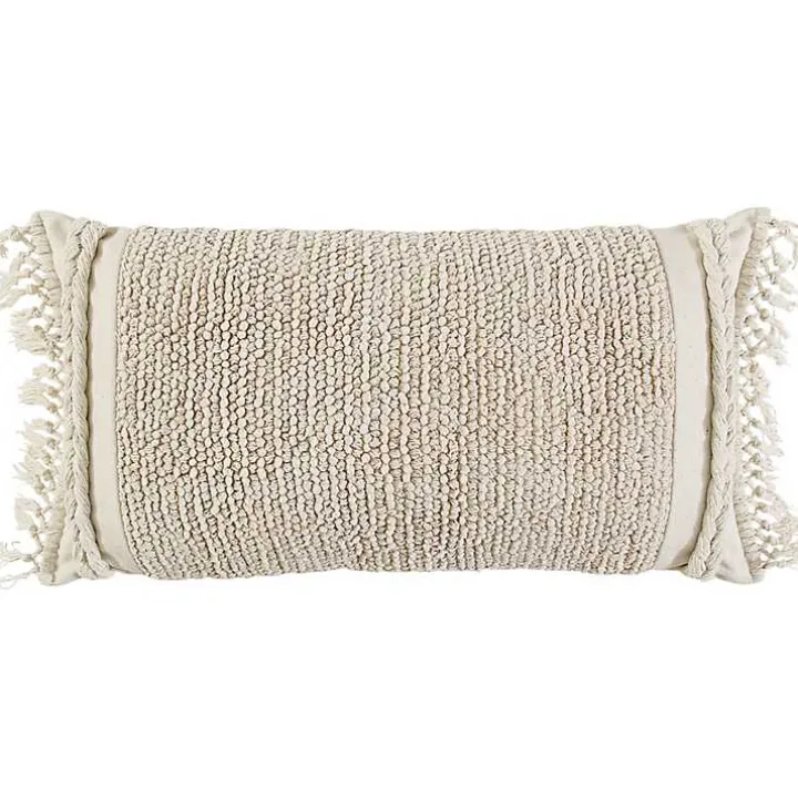 Ivory Tufted Macrame Tassels Lumbar Pillow