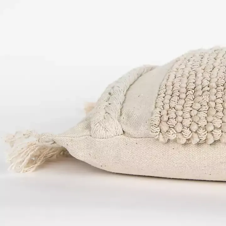 Ivory Tufted Macrame Tassels Lumbar Pillow