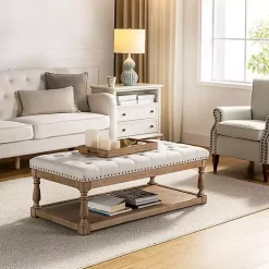Ivory Tufted Rectangle Wood Ottoman