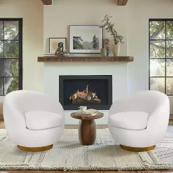 Jessel Cream Sherpa Swivel Chair with Wood Base