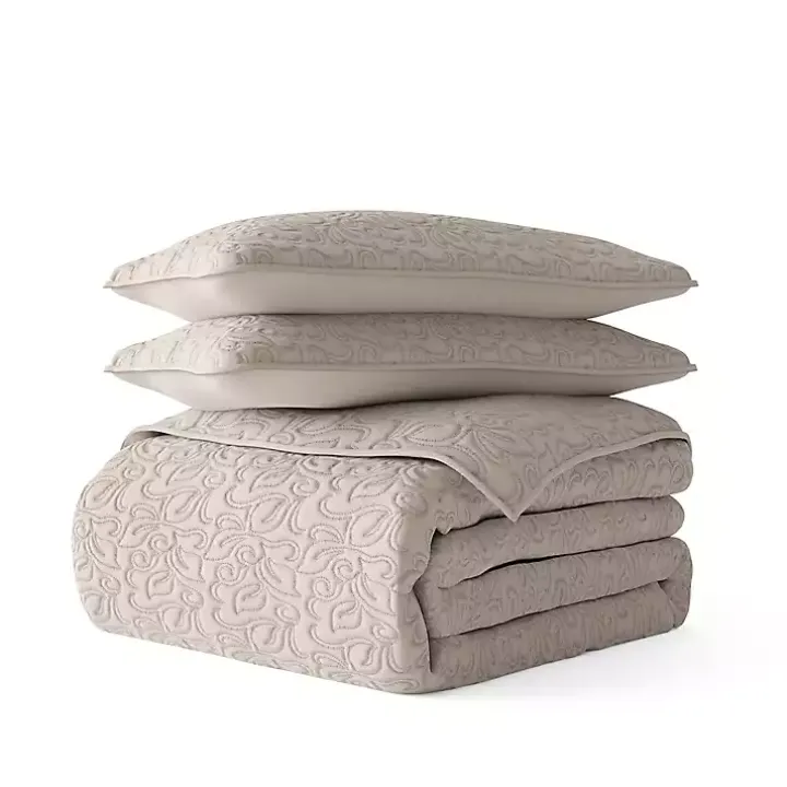 Latte Floral Stitch 3-pc. Queen Quilt Set