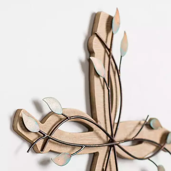 Leafy Cross Wood and Metal Wall Plaque