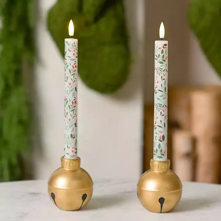 LED Holly Taper Candles, Set of 2