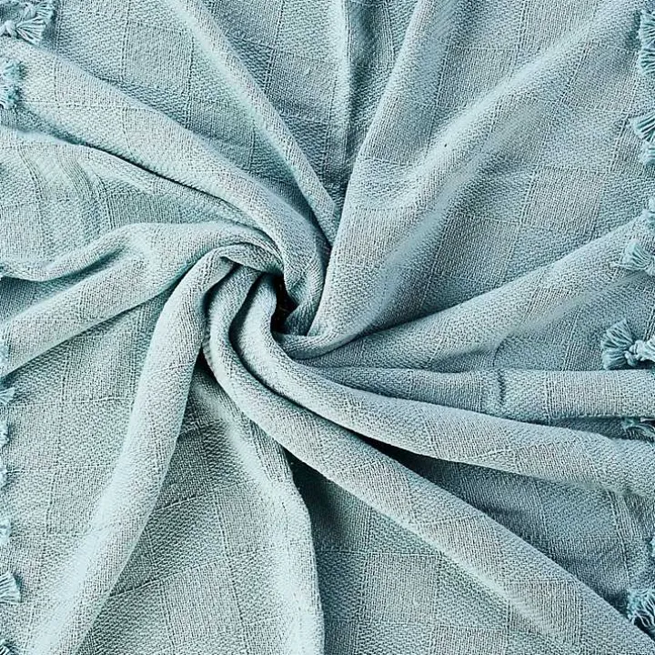 Light Blue Checkered Weave Fringe Throw
