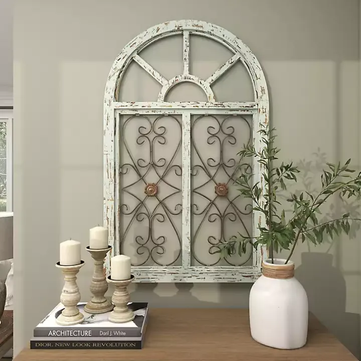 Light Blue Wood Arched Window Wall Plaque