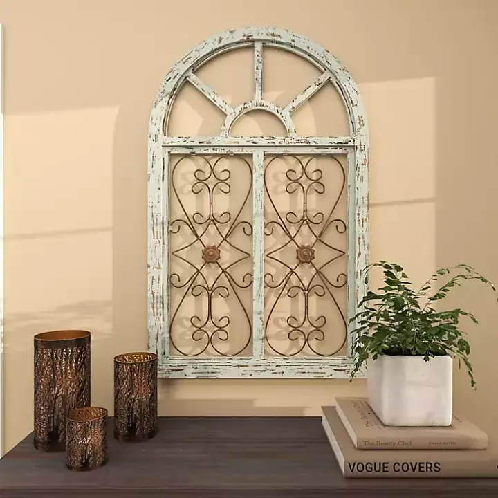 Light Blue Wood Arched Window Wall Plaque