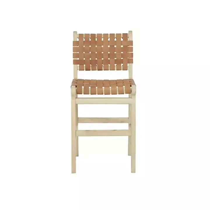 Light Brown Woven Leather Wooden Counter Stool