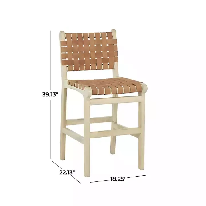 Light Brown Woven Leather Wooden Counter Stool