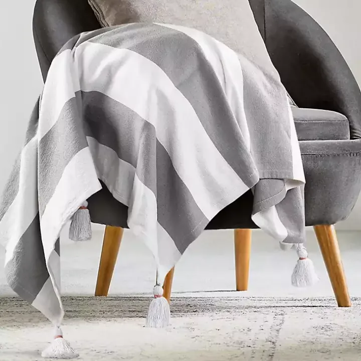 Light Gray Cabana Stripe Tassel Throw