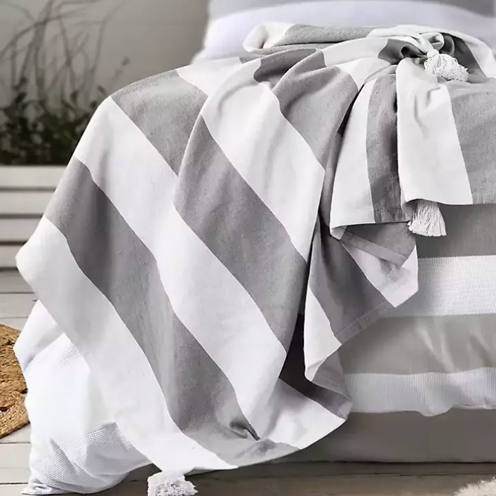 Light Gray Cabana Stripe Tassel Throw