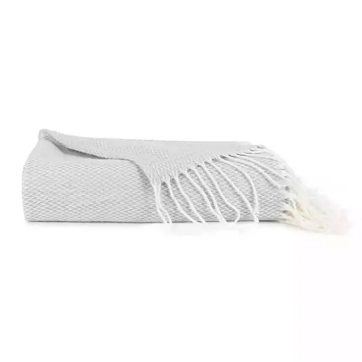 Light Gray Herringbone Throw with Fringe