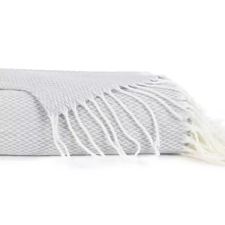 Light Gray Herringbone Throw with Fringe