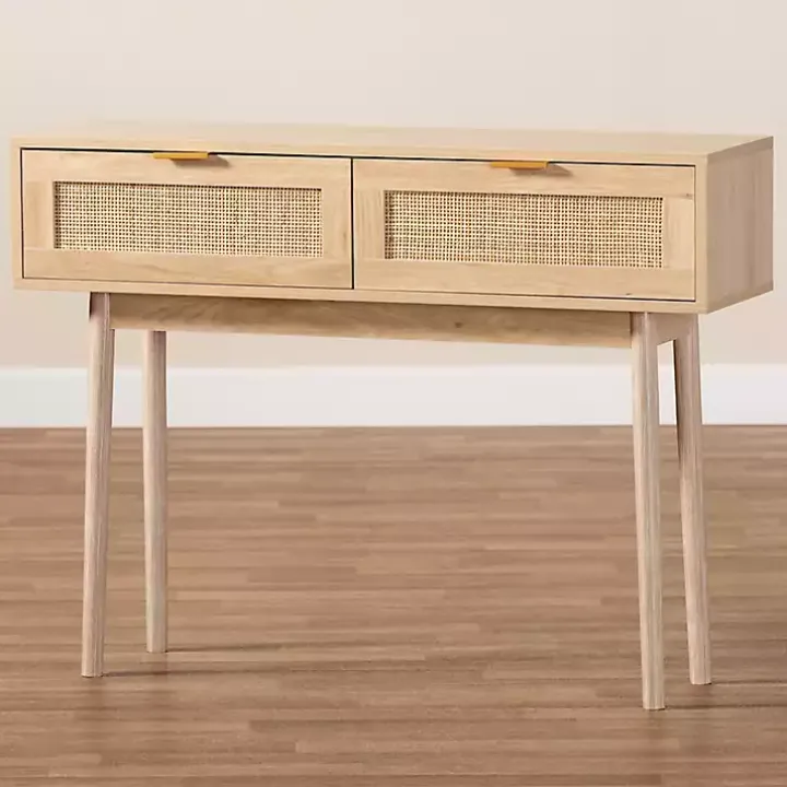 Light Oak Rattan and Wood Console Table