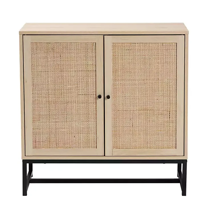 Light Wood and Rattan 2-Door Cabinet