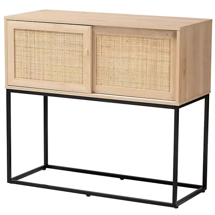 Light Wood and Rattan Sliding Door Cabinet